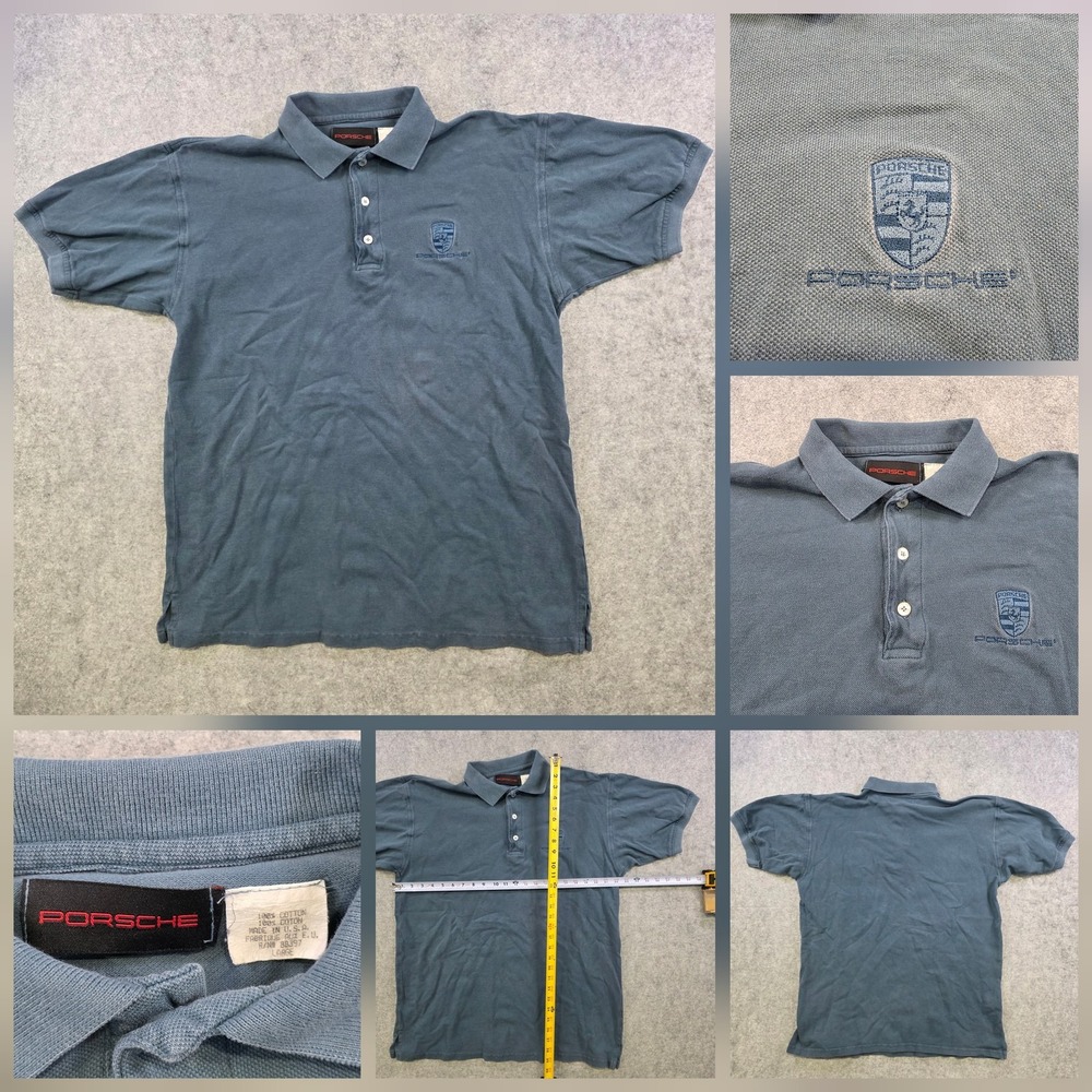 VTG Porsche Polo Shirt Mens Large‎ Blue Racing 100% Cotton Made USA Crest Logo